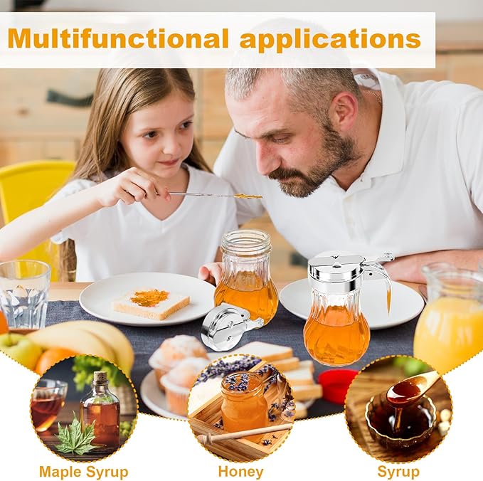 4Pcs 8oz Syrup Dispenser Honey Pot Glass Honey Dispenser Jar, Maple Syrup Dispenser, Honey Container, Commercial Quality With Handle Honey Dispenser for Home Kitchen Storage (4, Twill weave 4 Pack)