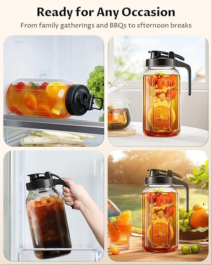 64 oz Mason Jar Pitcher – Airtight & Leakproof Glass Pitcher with Lid, Perfect for Iced Tae, Sun Tea, Cold Brew, Breastmilk, 2 Quart (1/2 Gallon) Mason Jar with Pour Spout Lid Flip-Cap & Handle