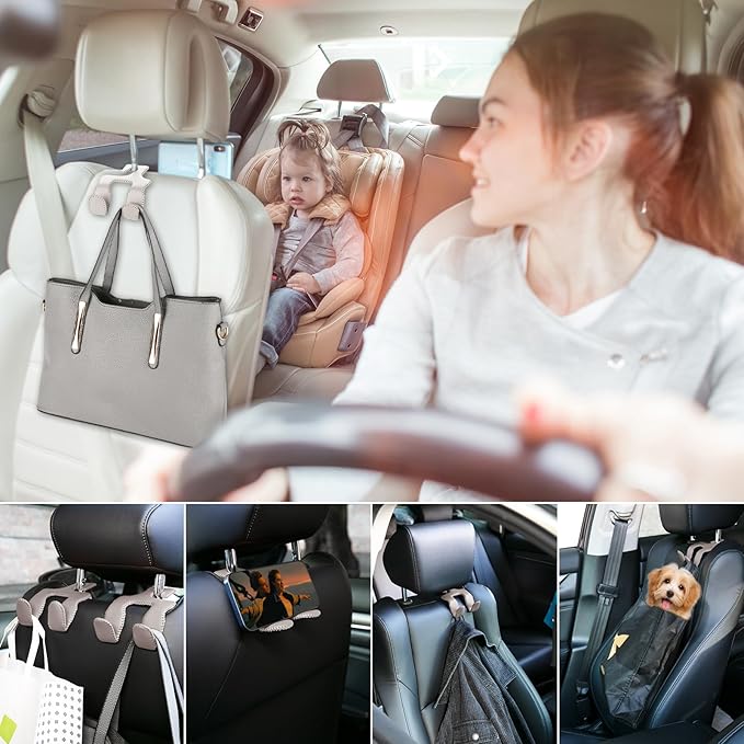 Car Hooks for Purses and Bags, 2-in-1 Durable Hanger, Leather Headrest Hook, Car Back Seat Organizer, 1-Pack, Beige