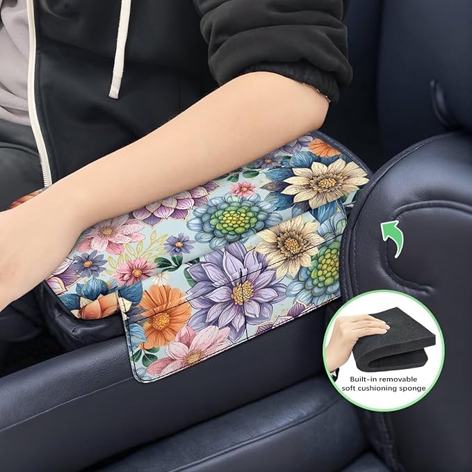 Dreaweet Car Center Console Cover Boho Floral Print Arm Rest Cover for Women Soft Thick Center Console Armrest Pad with Pockets Soft Comfortable Car Armrest Storage Box Mat