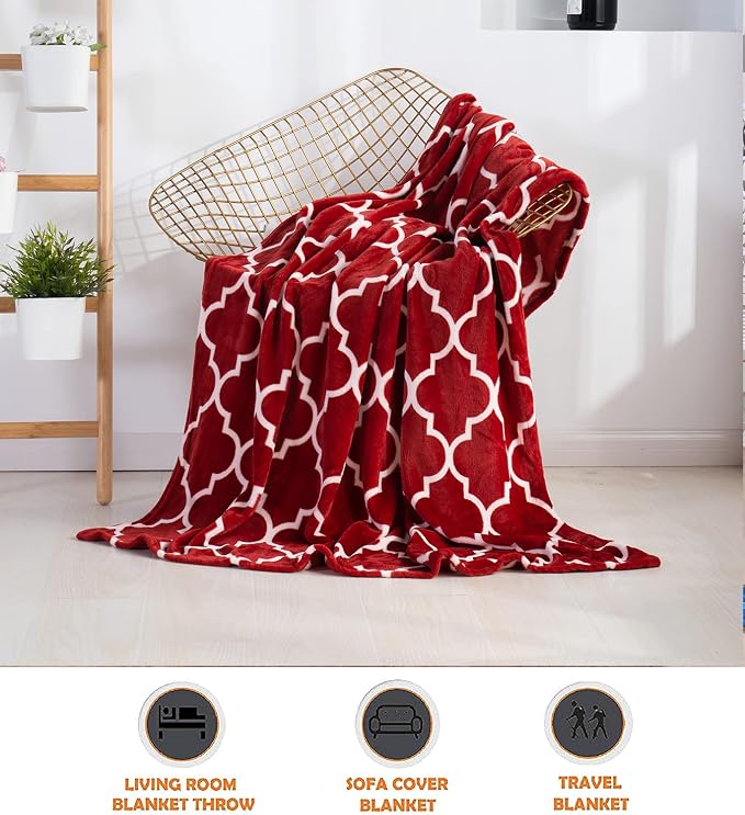 Elegant Comfort Luxury Velvet Super Soft Christmas Prints Fleece Blanket-Holiday Theme Home Décor Fuzzy Warm and Cozy Throws for Winter Bedding, Couch and Gift, 50 x 60 inch, Quatrefoil Red