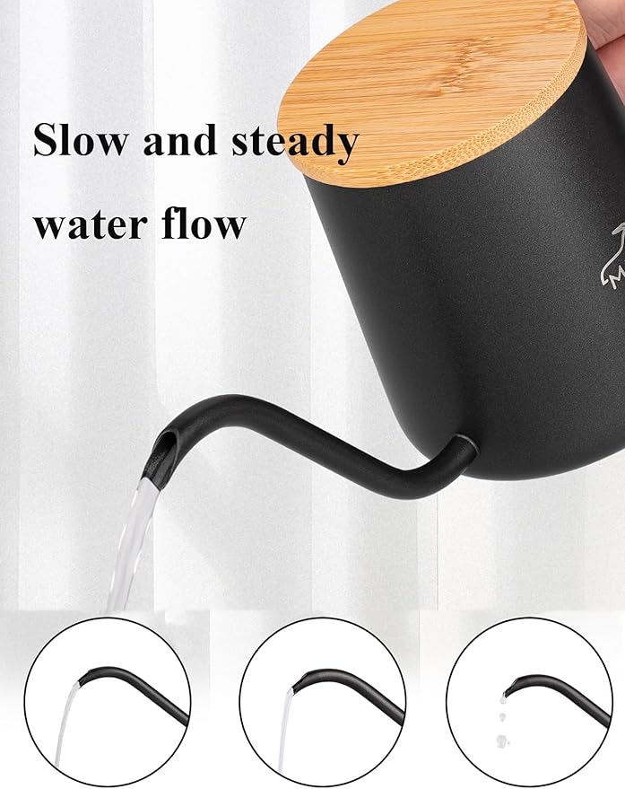 MERMOO YILAN Pour Over Coffee Kettle 12oz, Gooseneck, Wooden Lid, Precision Pouring,Single Serving, Sturdy Thicken 304 Stainless Steel, Dishwasher Safe, for Home, Camping, Travel, Office（black)