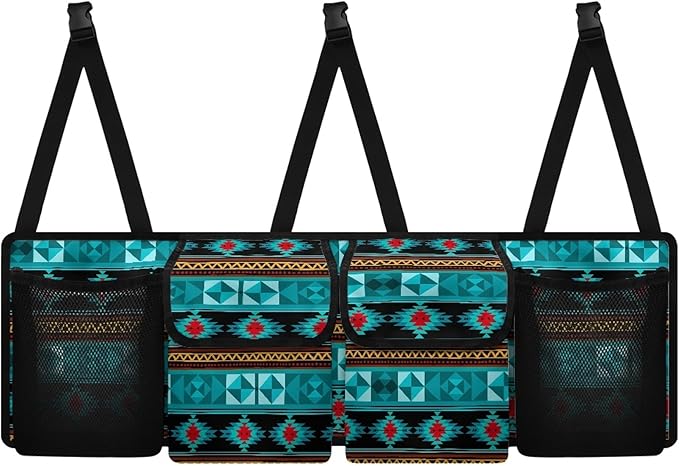 CLOHOMIN Aztec Ethnic Gemoetric Car Trunk Organizer for Sedan Truck SUV Van Blue Back Seat Storage with 4 Pockets Hanging Car Cargo Trunk Storage Organizer Bag