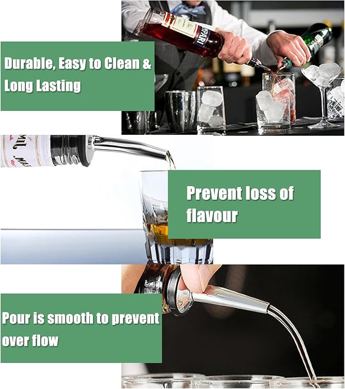 WAFJAMF 6 Pcs Liquor Pour Spouts Set, Stainless Steel Liquor Bottle Pourers with Rubber Dust Caps, for Pours Liquid, Olive Oil, Wine, Vinegar (Silver)