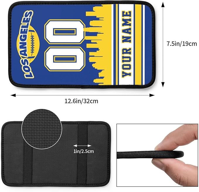 Custom Los Angeles R Car Armrest Covers Personalized Football Style with Name Number Customized Auto Center Console Pad Car Handrail Box Cushion for Most Vehicle Decor Accessories, Fans Gift