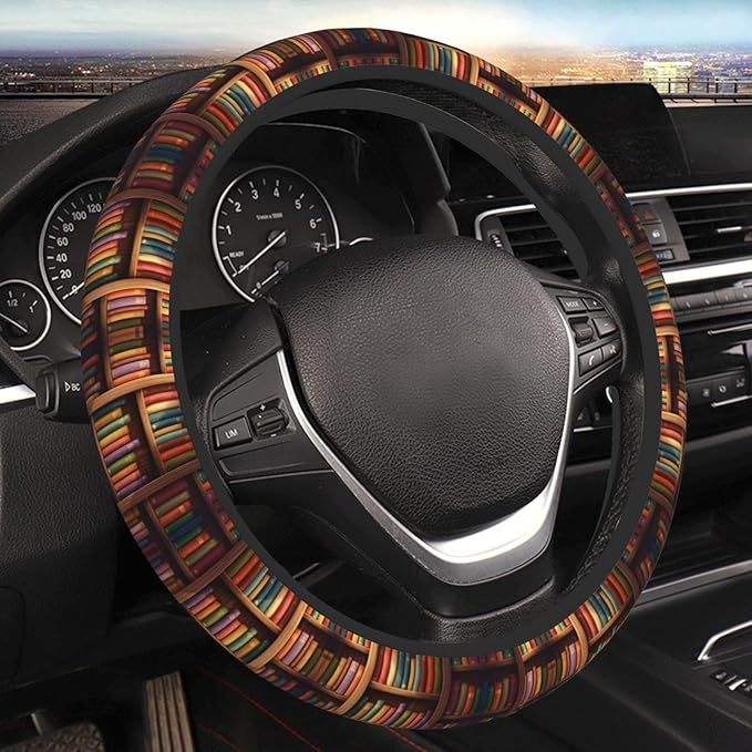 Neoprene Steering Wheel Cover Vintage Library Bookshelf Car Steering Wheel Cover Universal Fit for Most Cars