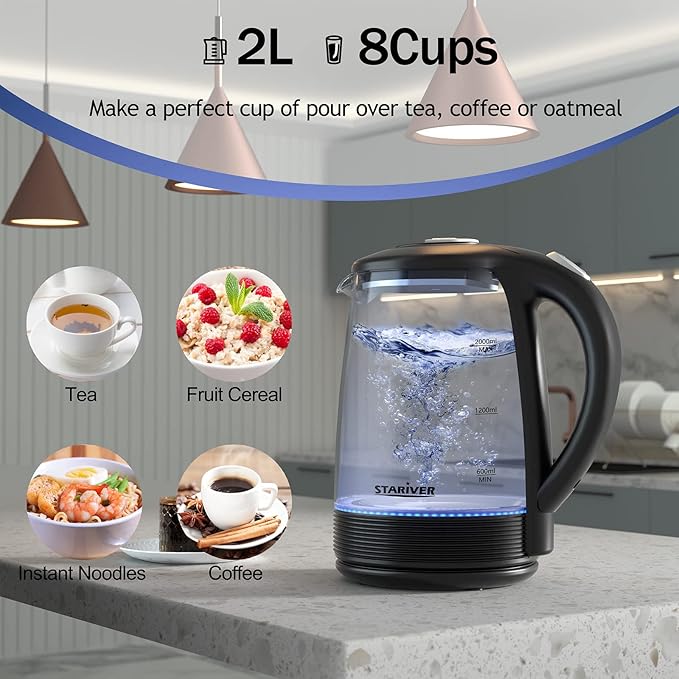 Stariver Electric Kettle, BPA-Free Glass Tea Kettle with LED, 2L Hot Water Kettle with Fast Boil, Auto Shut-Off & Boil-Dry Protection, Stainless Steel Inner Lid & Bottom, Black