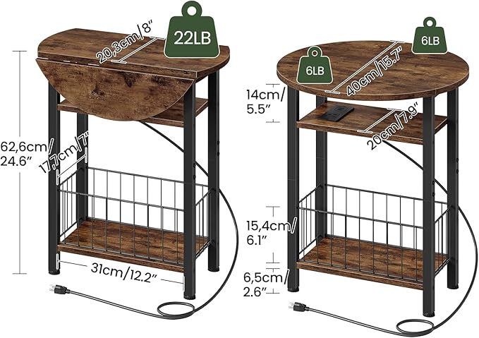 Folding Side Table, Side Table with Charging Station, 3-Tier Narrow End Table with Folding Top, Round Side Table for Small Spaces, for Living Room, Bedroom, Rustic Brown TBZ10UBF
