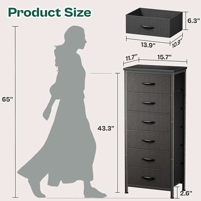 Huuger Tall Dresser for Bedroom, Stable 6 Drawer Dresser with Anti-Tip Device, PU Leather & Fabric Drawers, Tall Nightstand for Closet, Nursery, Storage Tower for College Dorm High Beds, Black