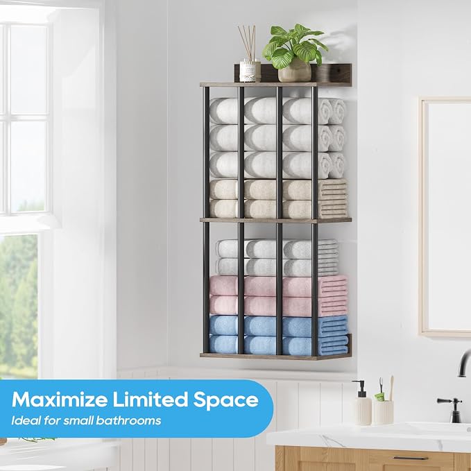 Towel Racks for Bathroom Wall Mounted, Updated 4 Bar Wall Towel Holder | Large Bathroom Towel Storage Rack for Rolled Towels, Modern Metal Towel Organizer Shelf with Wooden Storage Shelf