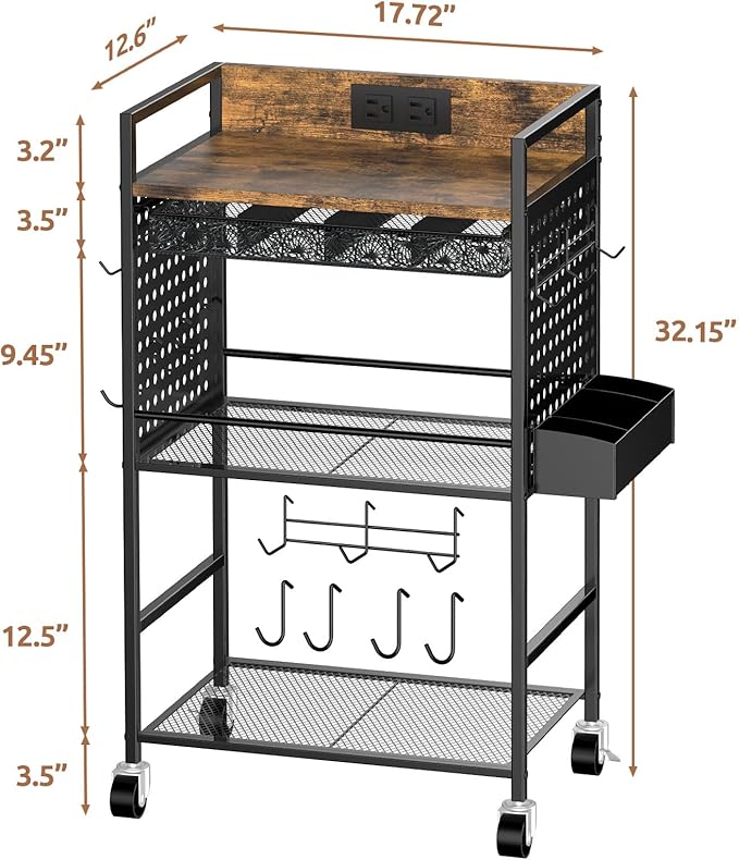 Compact Coffee Bar Cabinet with Power Outlet, Lockable Wheels, and Storage Drawer - Rustic Brown & Black for Office, Living Room, or Small Spaces