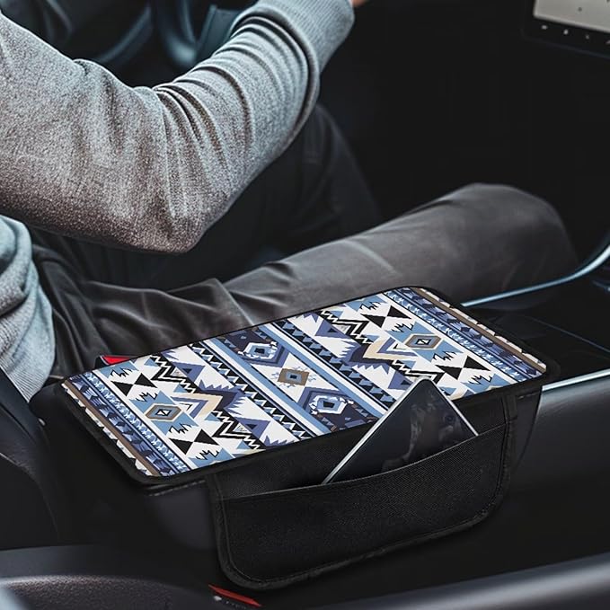 Dreaweet Aztec Armrest Cover for Car Universal Center Console Cover Replacement Blue Southwestern Navajo Tribal Geometric Arm Rest Cover Pad for Truck SUV Car Console Covers with 2 Storage Pockets