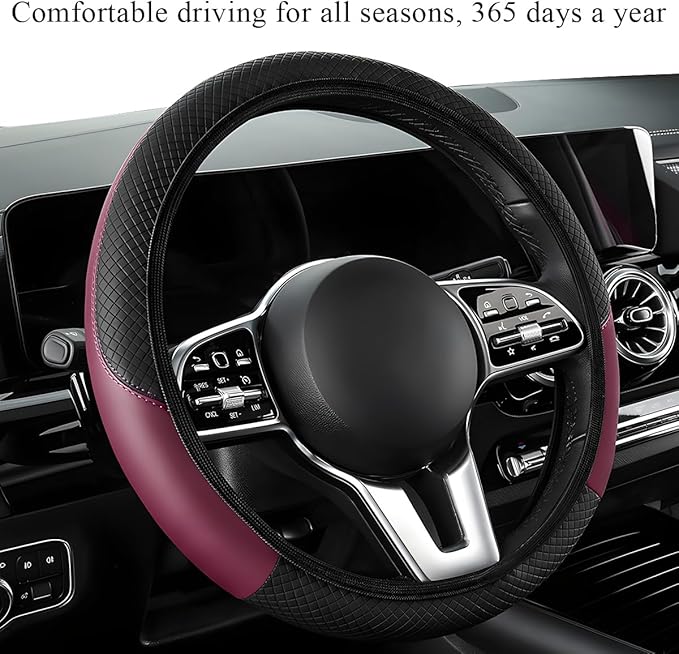 Elastic Steering Wheel Cover - Microfiber Leather Carbon Fiber Protector with Anti-Slip Lining, Interior Accessory (Wine Red, AD)