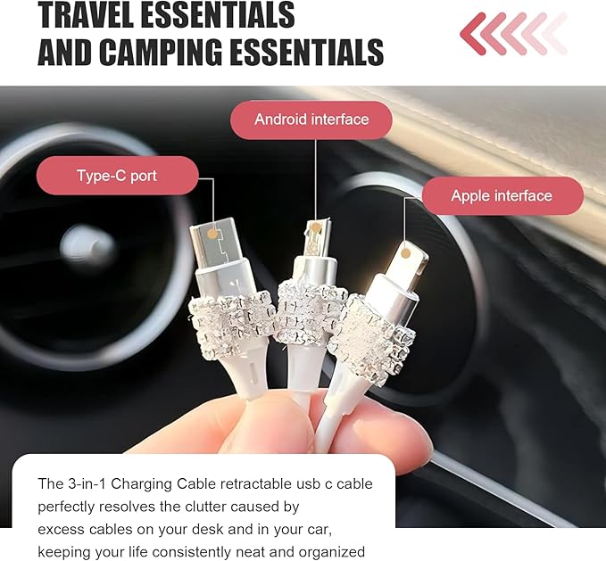 Multi Charging Cable, 3 in 1 Multi Charger Cable with Type-C/Lightning/Micro USB Connectors, Rhinestone Retractable Car Charger Cord, Universal for Most Phones, Tablets (Pink)