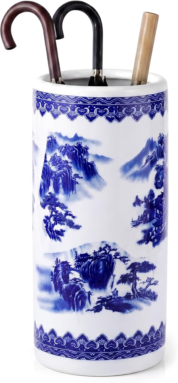 Sawysine Blue and White Ceramic Umbrella Stand, Floral Design Floor Vase for Entryway Indoor Decorative, 19.7" Heavy Porcelain Holder for Umbrellas Canes Home Decor(19.7 Inch,Landscape)