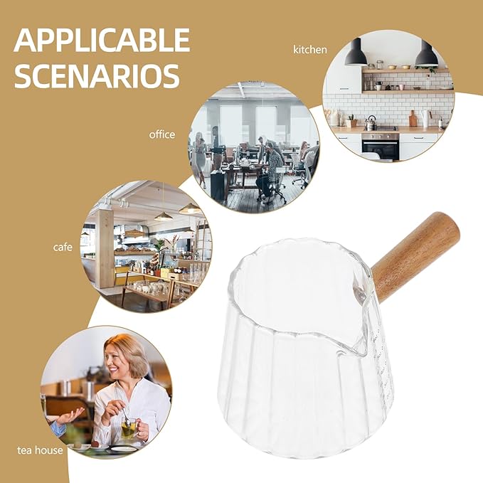 Kichvoe Espresso Shot Glass with Wood Handle - Glass Coffee Milk Creamer - Frothing Pitcher Creamer Jug, 180ML/6 OZ Pourer Baking Measuring Cup for Coffee Milk Tea Syrup