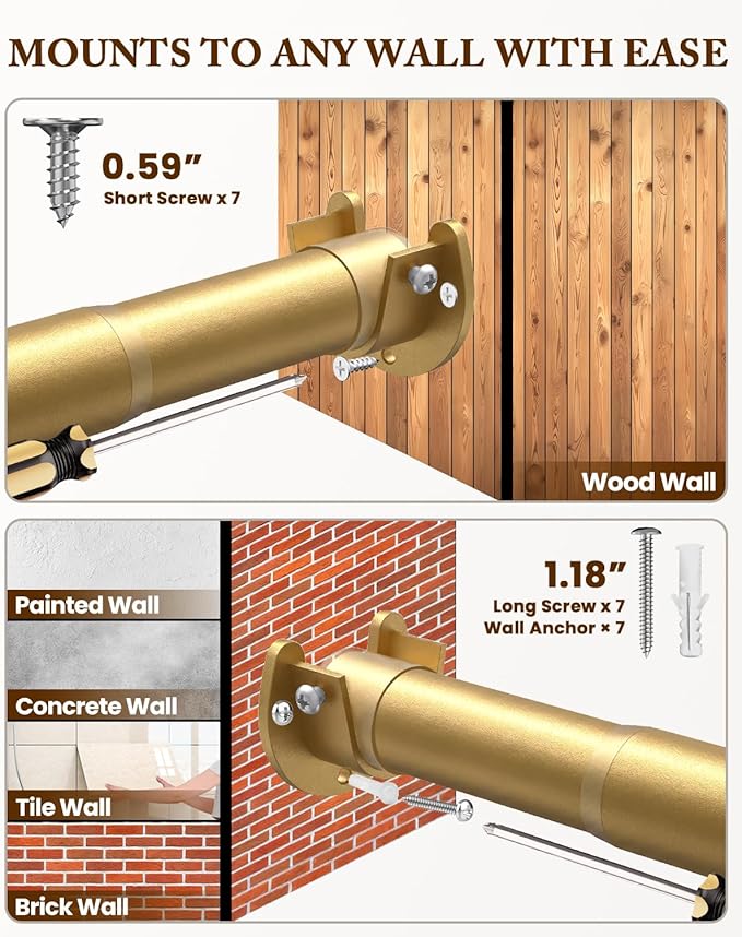 Heavy Duty Closet Rod, 17-69 IN Closet Rods for Hanging Clothes, Gold | Stepless Adjustable, Supports up to 66 lbs, Multiple Size Options, Easy Installation, Multi Purpose , Wall-Mounted