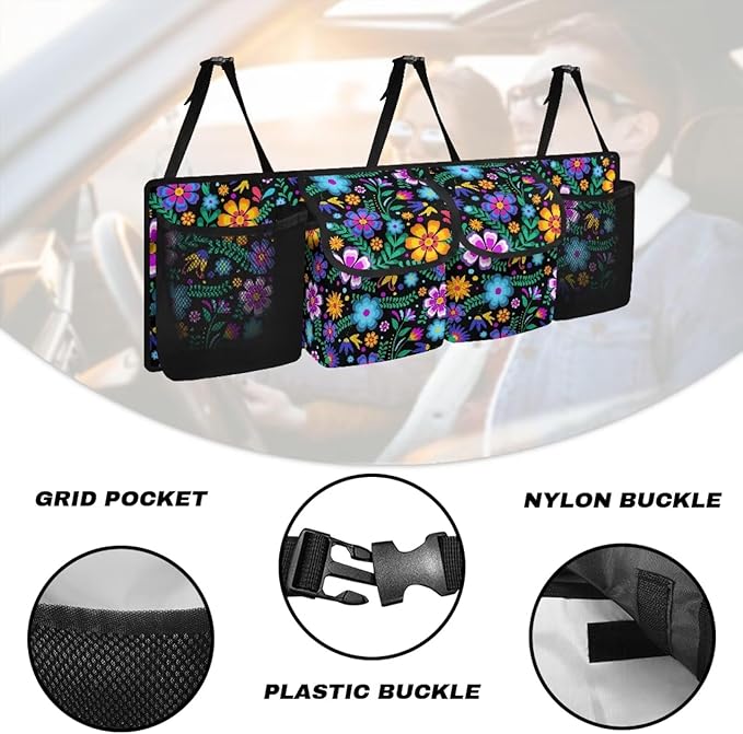 Hanging Trunk Organizer for Car Women Flower Car Organization Accessories Boho Car Decor Reusable Car Back Seat Organizer for SUV/MPV/Truck, Make The Trunk of Your Car Look Neat and Tidy
