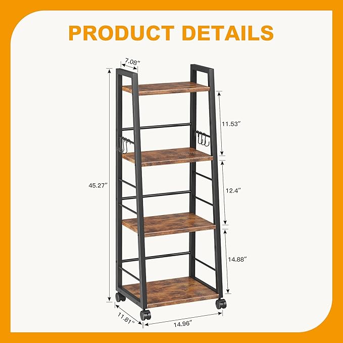 Homeiju 4 Tier Kitchen Storage Cart with Lockable Wheels & 6 Hooks, Mobile Utility Organizer Rolling Cart for Small Spaces, Bar Cart for Kitchen and Living Room, Rustic Brown