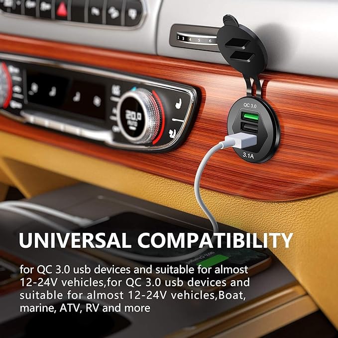 Quick Charge 3.0 Car Charger, Marine Grade 12V/24V 35W QC3.0/2.0 USB Socket, IP66 Waterproof 3-Port Fast Charging with Wire Fuse Aluminum for Car Boat Marine ATV RV Truck Golf Cart