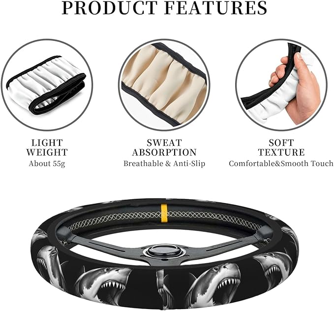 Vivid Shark Design Car Steering Wheel Cover, 15 Inch Steering Wheel Cover Stylish Decor for Most Cars