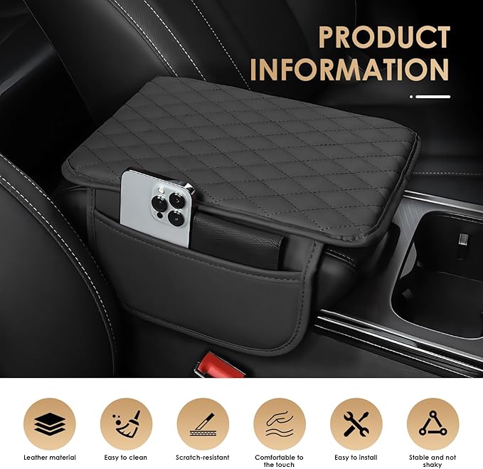 Car Center Console Cover, Leather Car Arm Rest Cover with 2 Storage Bags, Universal Auto Armrest Cushion Pad, Automobile Interior Accessories Protector for Most Vehicles, SUVs, Trucks (Black)