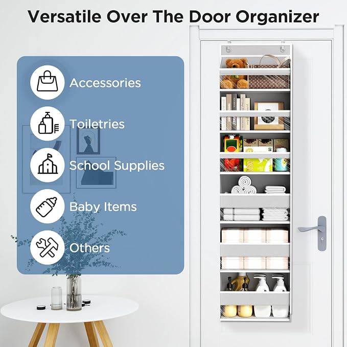 6 Tiers Over The Door Organizer, Heavy Duty Hanging Organizer Storage with Large Capacity Pockets, Behind Door Storage Hanging Shelves for Closet Wall Bathroom Bedroom Nursery Pantry, 1 Pack Grey