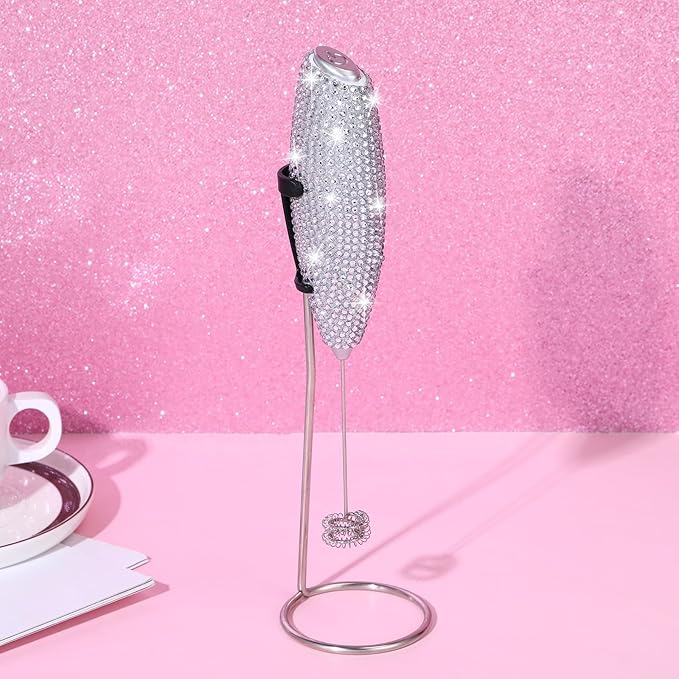 Rhinestone Milk Frother with Stand Sparkly Handheld Battery Operated Electric Foam Maker with Bling Handle, Single Coil Head Whisk Coffee Drink Mixer for Lattes Matcha(Silver)