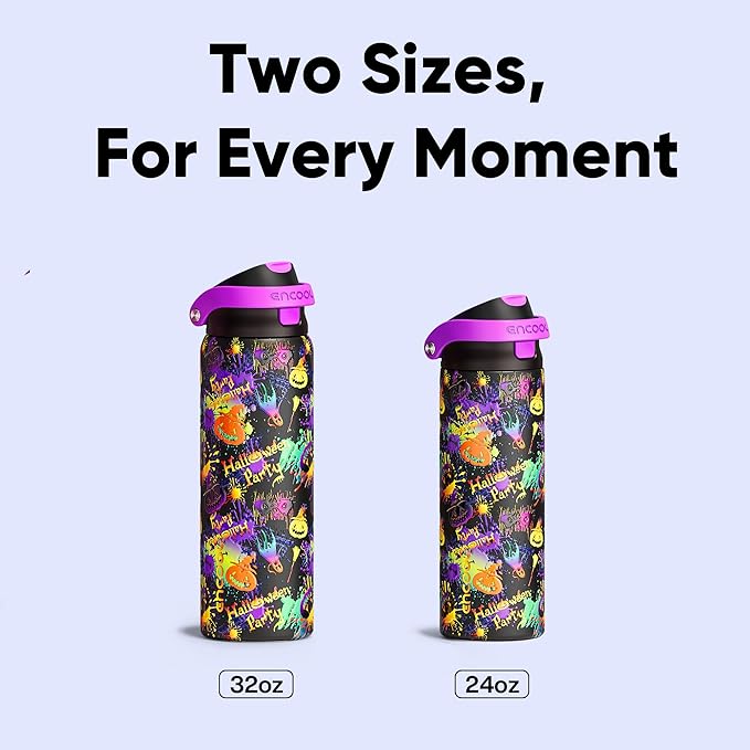 Encool SwiftSip Insulated Stainless Steel Water Bottle with Straw - Leak Proof Sports Water Bottle for School, Travel, Keeps Cold All Day, One-Touch Flip Lid, BPA-Free, 32 oz, Ghost Party