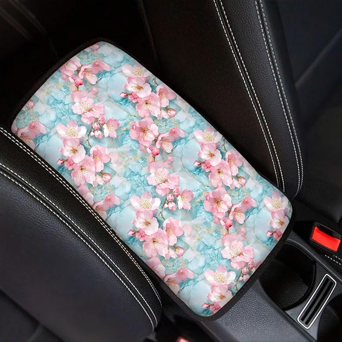 Cherry Blossom Marble Print Auto Center Console Cover Arm Rest Cover for SUV Truck,Soft Car Arm Rest Cover Universal Fit