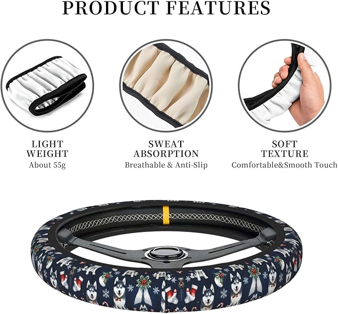 Siberian Husky Christmas Dog Neoprene Steering Wheel Covers Women Men Car Accessories, Universal 15 Inch Fit Auto, Suvs, Truck