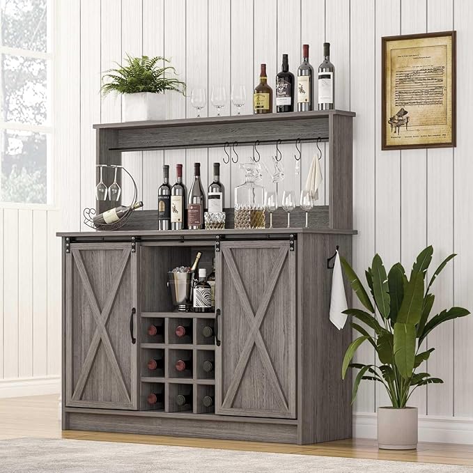 4ever2buy Farmhouse Coffee Bar Cabinet with Hutch and 6 Hooks, 47 Inch Wine Bar with Storage, Buffet Cabinet with Adjustable Shelves&9 Wine Racks, Kitchen Buffet Cabinet for Dining Living Room, Grey