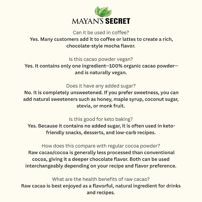 Mayan’s Secret - Organic Cocoa Powder Unsweetened Raw Cacao Powder Organic for Smoothie, Coffee and Drink Mixes (1 Pound (Pack of 2))