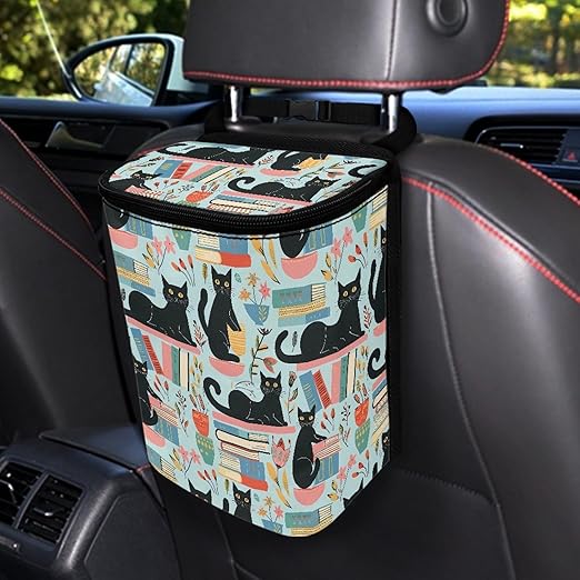 Black Cat Cute Pattern Car Trash Can, Suitable for Rear Seats and Behind The Center Console