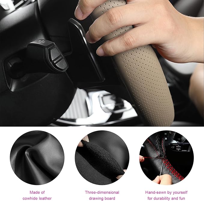Ziciner Genuine Leather Steering Wheel Cover, Stitch on Wrap, Breathable Anti-Slip Car Steering Wheel Protector for Max Diameter 15 Inch, DIY Sewing with Needles Thread (Beige, Middle Hole)