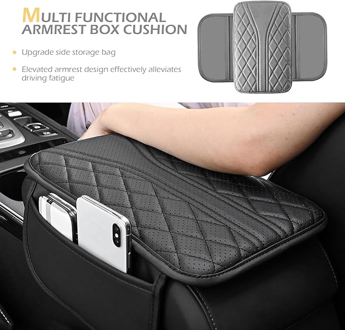 Car Center Console Cover, Leather Vehicle Armrest Protector Cushion with 2 Side Storage Bags, Auto Breathable Middle Interior Accessories, Universal for SUV, Sedan, Truck (Gray)