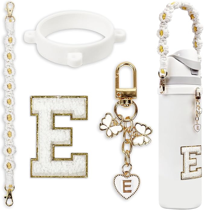 Compatible with Owala Water Bottle Accessories, Cute Letter Charm Set with Boho Handle Strap, Monogram Sticker, Silicone Ring, Keychain Decoration, for FreeSip 24 32 40oz, Owala Kids, Tumbler Gift
