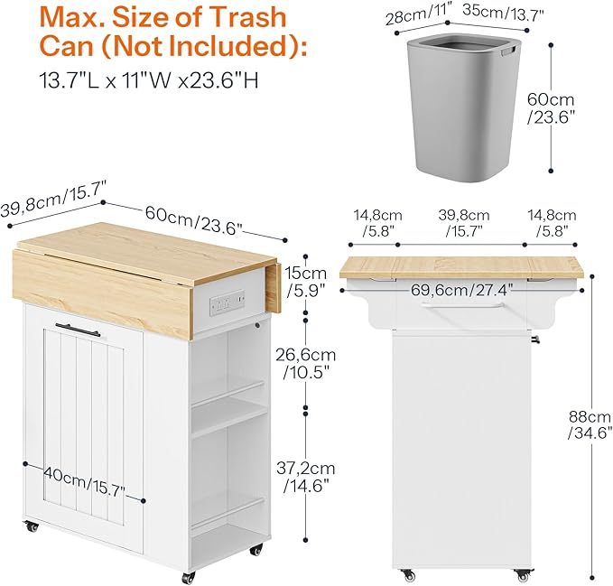HOOBRO Kitchen Island with Trash Can Storage, Island Table with Drop Leaf Countertop, Rolling Kitchen Cart on Wheels, Storage Island with Power Outlet & Spice Rack, White and Natural WN33UZD01