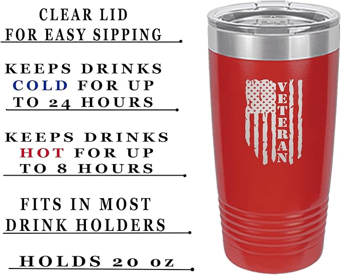 Rogue River Tactical USA Flag Veteran 20 Oz. Travel Tumbler Mug Cup w/Lid Vacuum Insulated Hot or Cold Military Vet Gift (Red)