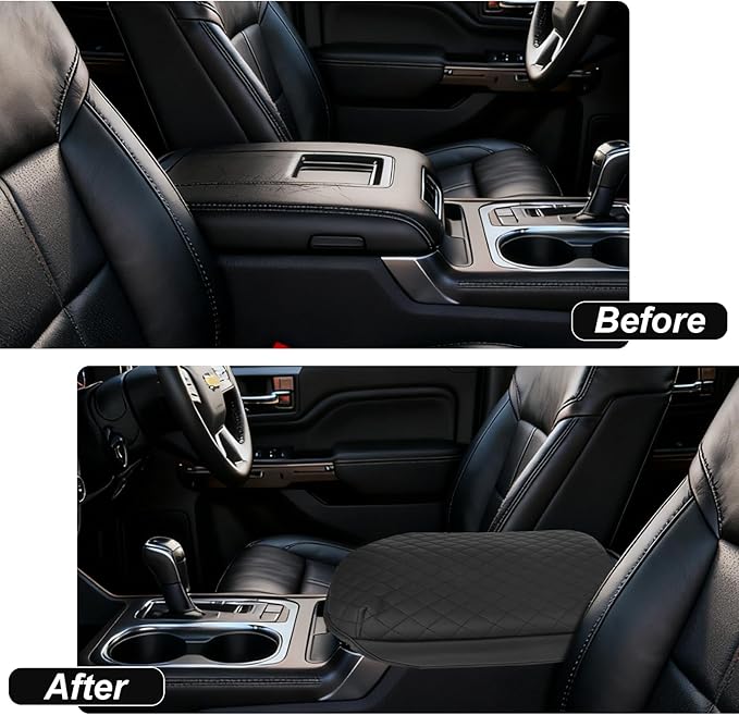 Center Console Armrest Cover Compatible with 2019-2026 Chevy Silverado GMC Sierra 1500 2500HD, 2021-2026 Tahoe Suburban Yukon, PU Faux Leather Console Protector Pad for Bucket Seat Accessories, Black