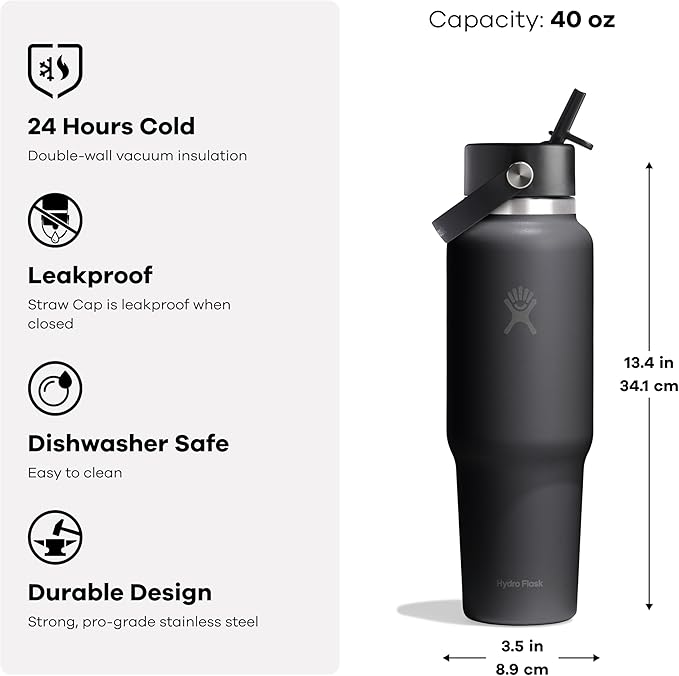Hydro Flask Travel Water Bottle - Insulated Stainless Steel - Wide Straw Lid, Non Spill, Leakproof in 40 Oz Capri Blue