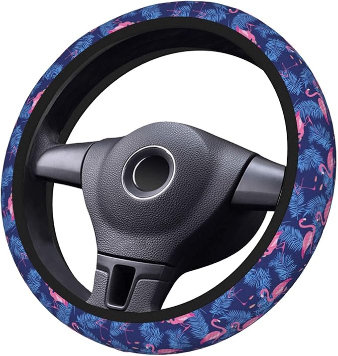 Pink Flamingos Palm Leaves Steering Wheel Cover for Women Men Girls, Accessories Decor Thickened Anti-Slip Auto Steering Wheel Covers Protector Universal Fit 15 Inch for Cars, Truck, SUV