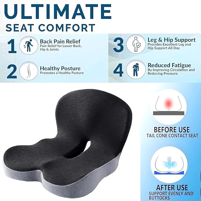 L-Shaped Memory Foam Seat Cushion with Lumbar Support-Ergonomic Car & Office Chair Cushion for Sciatica, Coccyx & Back Pain Relief Supports Hips & Back for Drivers & Long Sitting (Blue)
