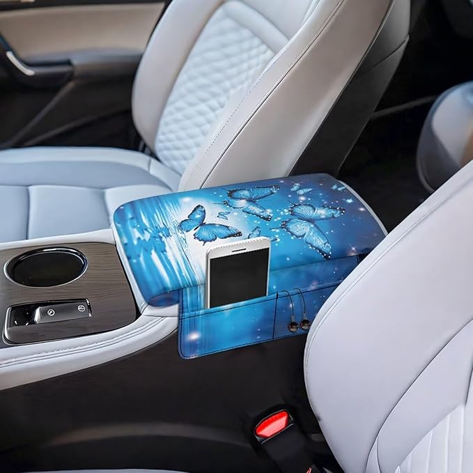Dreaweet Car Armrest Cover Blue Butterfly Car Accessories Thick Center Console Cover Pad Universal Arm Rest Cover for Car Console Covers with Pockets for Truck Sedan SUV