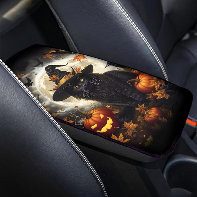 Mintutlipy Halloween Black Cat Car Center Console Cover Car Seat Box Cover Car Decoration Wear Proof Dust Proof Armrest Cover Protector