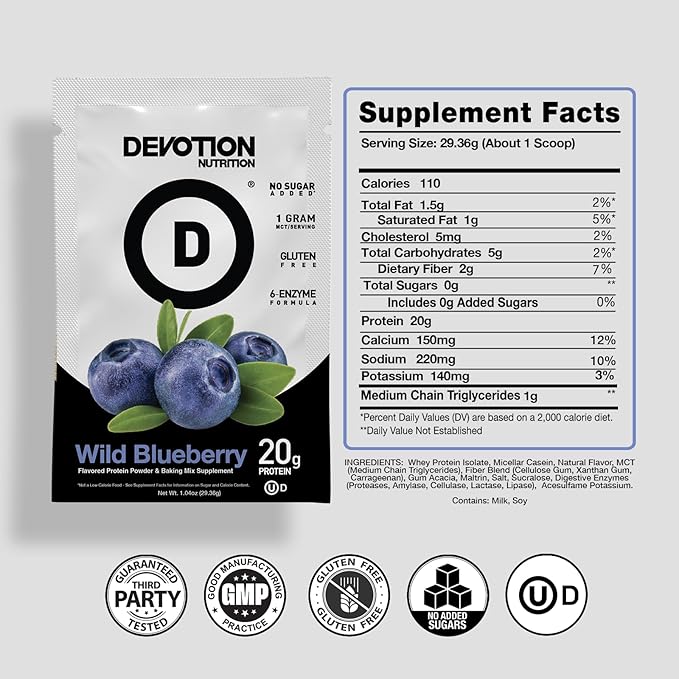 Devotion Nutrition Protein Powder Blend Wild Blueberry, 12 Single Serve Packets, 20g Whey and Micellar Protein, No Added Sugar, Keto-Friendly with 1g MCT, Gluten-Free, Kosher