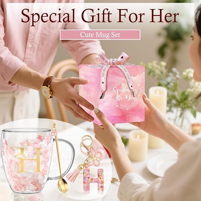 Personalized Gift for Women Flower Glass Coffee Mug Initial Tea cup Monogrammed Customized Bridesmaid Bride Wedding Gifts Graduation Gifts Valentine Mother's Day Birthday Christmas Gift (H)