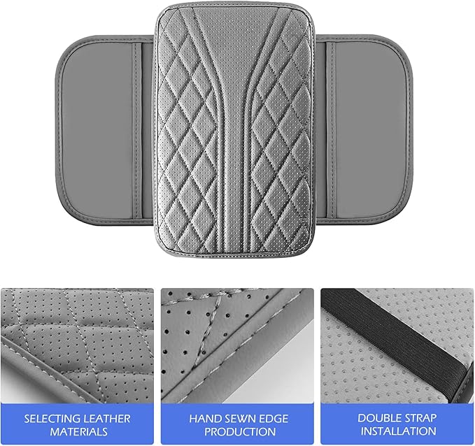 Car Center Console Cover, Strong Support Waterproof Armrest Box Booster Cushion, Leather Slow Rebound Armrest Box Cover with Side Storage Pocket, Universal Elbow Protection Pad (Gray)