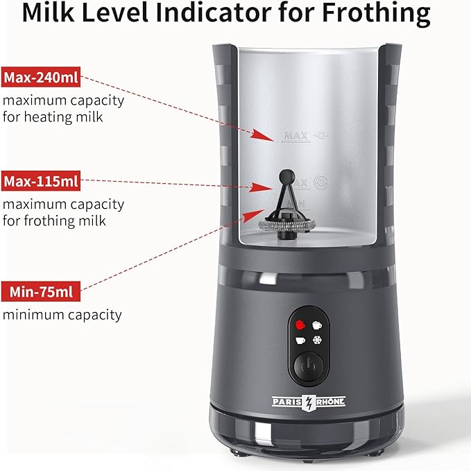 Milk Frother, Paris Rhône 4-in-1 Milk Steamer and Frother, Hot & Cold Foam Milk Warmer with Temperature Control, Gray