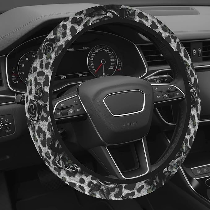 Cute Steering Wheel Cover for Women, Machine Washable Universal 14.5-15.5 inch Non-Slip Grip All Weather Use (Black Leopard Rose)